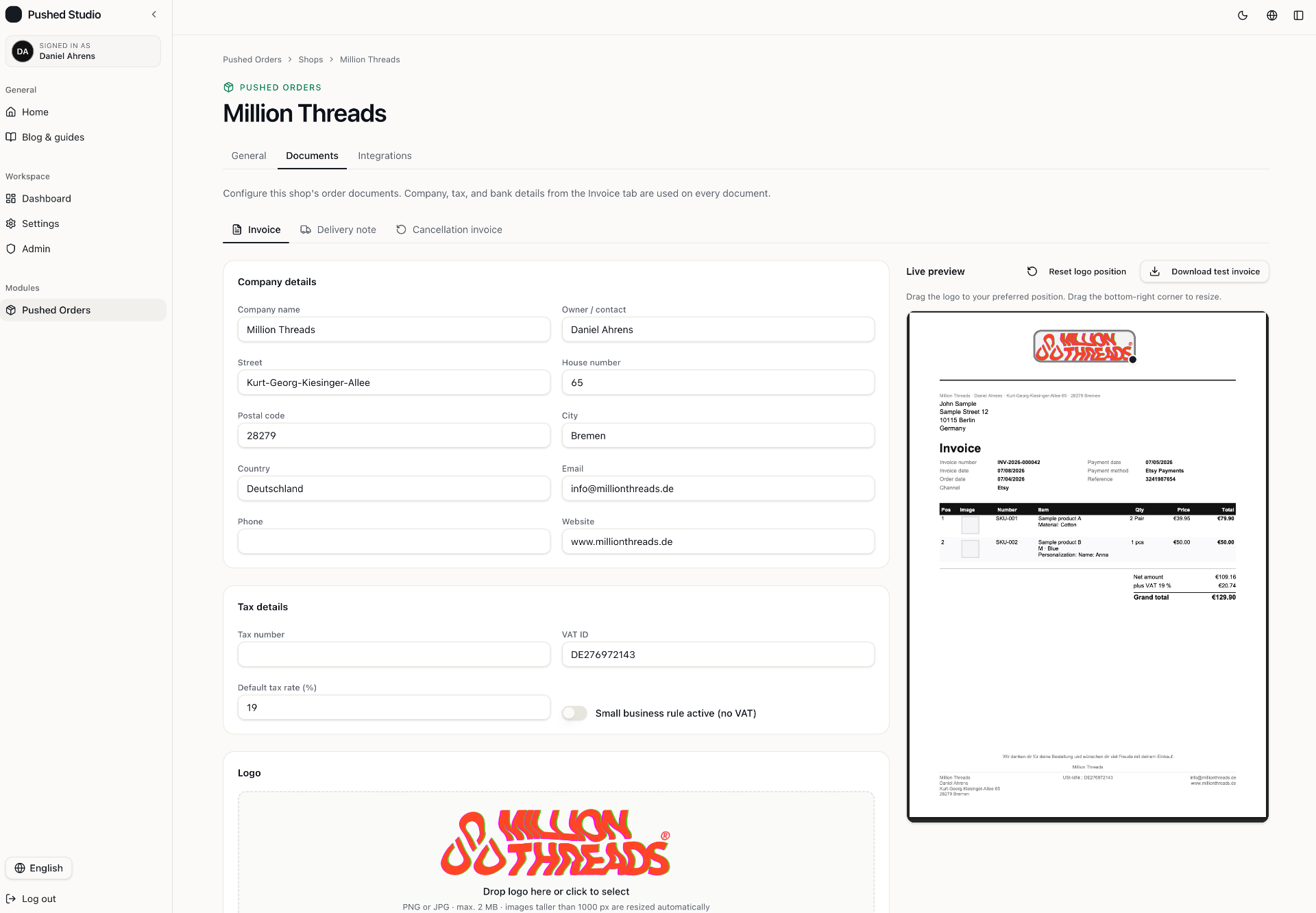 Invoice Configuration & Live Preview